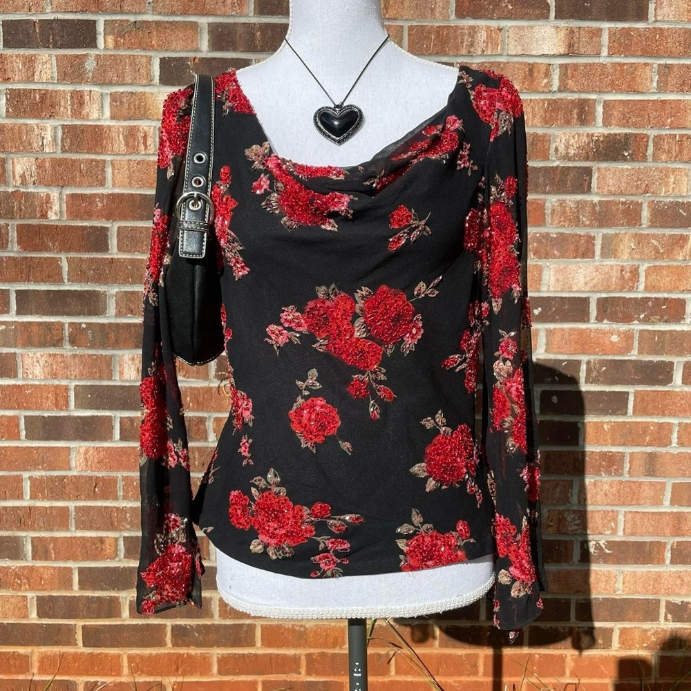 Vintage JKara New York Petite Large Black Red Beaded Roses Long Sleeve Top